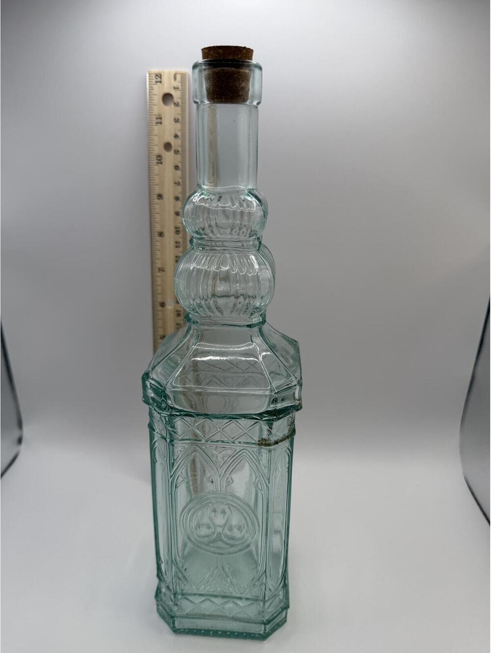 Vintage Aqua Blue Glass Decanter Bottle Cork Stopper Gothic Design 11”